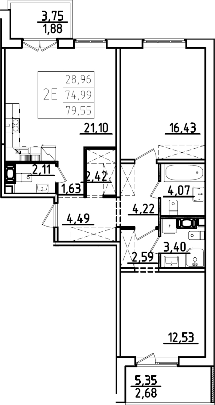 2-комнатная квартира 79.55 м², 7/9 эт., ЖК «IQ Гатчина 3»